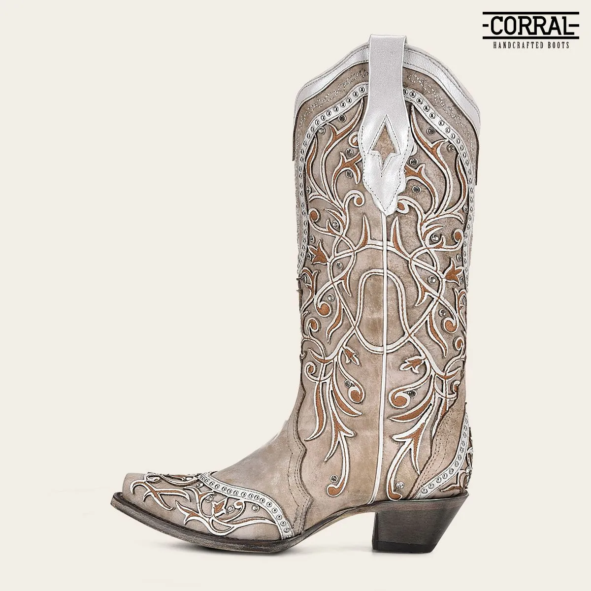 A3837 - Corral white cowgirl western leather floral inlay boots for women