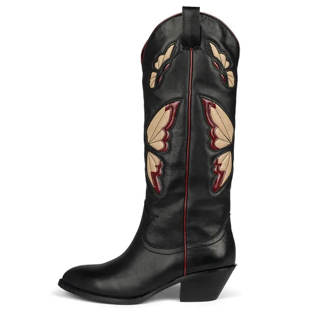 Ashore Western Shop Cowgirl Mid Calf Boots Butterfly Embroidered Pointed Slip On Boots