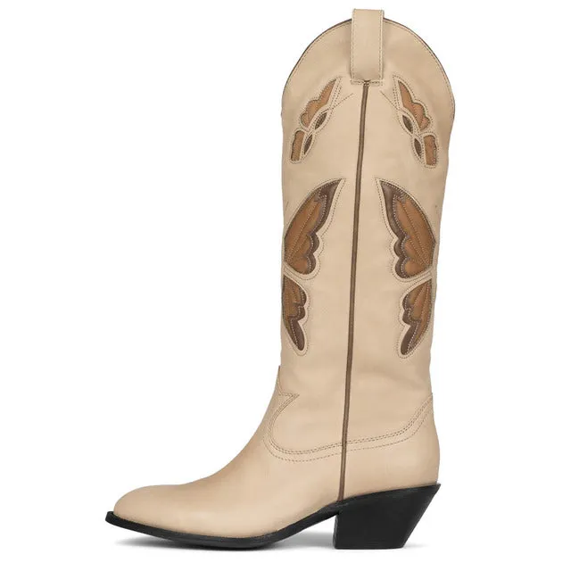 Ashore Western Shop Cowgirl Mid Calf Boots Butterfly Embroidered Pointed Slip On Boots