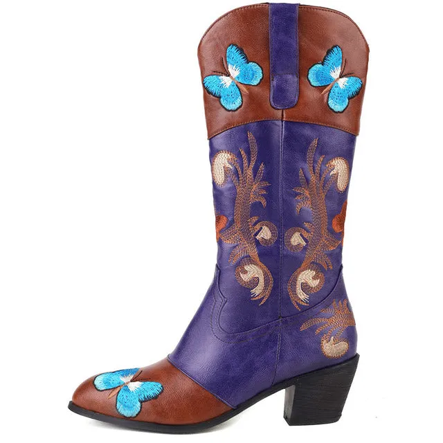 Ashore Western Shop Cowgirl Mid Calf Boots Butterfly Embroidered Pointed Slip On Boots