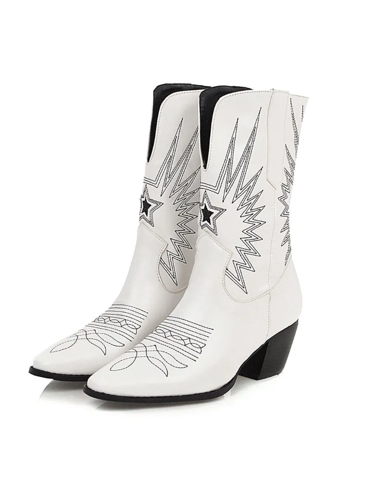 Ashoreshop Western Cowgirl Floral Boots For Women 2023 Pointed Toe Mid Calf Embroidery Boots