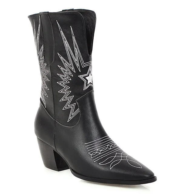 Ashoreshop Western Cowgirl Floral Boots For Women 2023 Pointed Toe Mid Calf Embroidery Boots