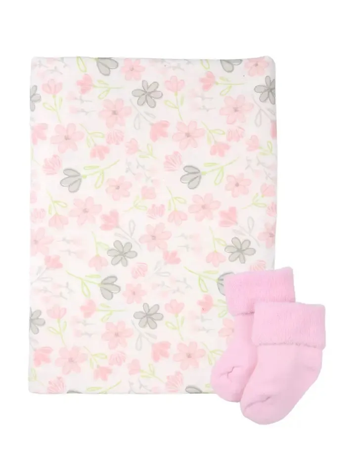 Baby Receiving Blanket & Sock Single Cupcake Gift - Floral