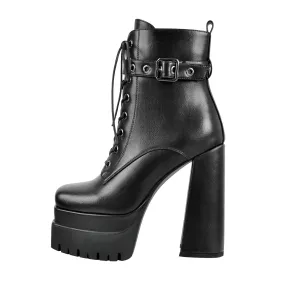 Black Lace up Zipper Chunky Ankle Boots