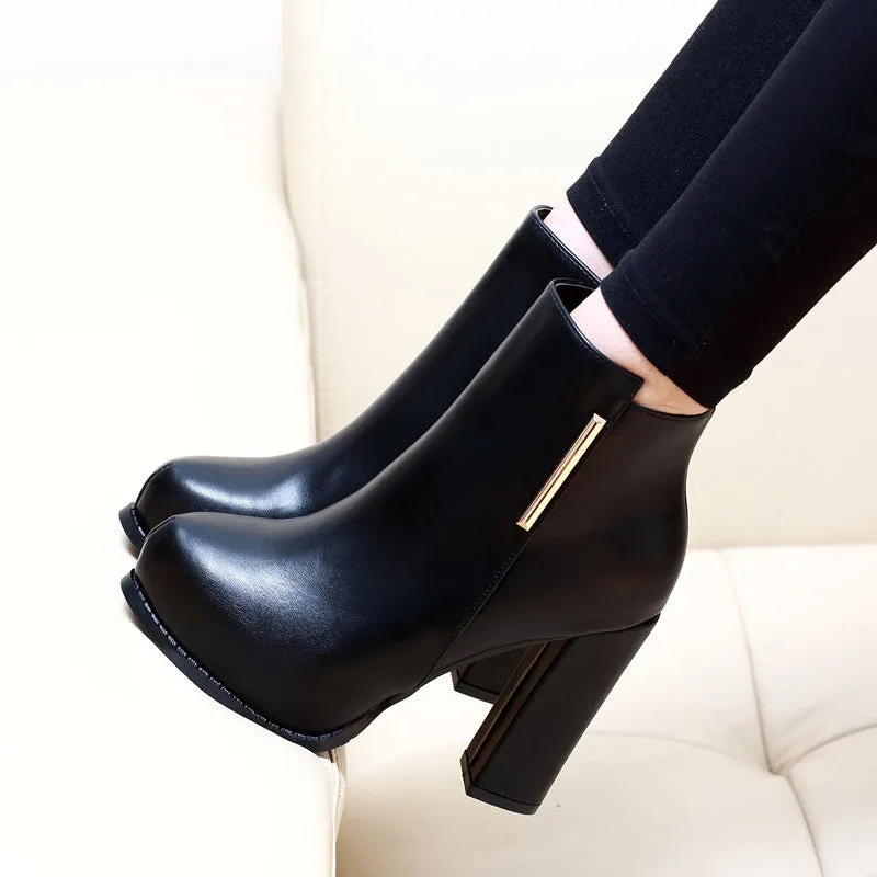 Black Zip Metal High Heels Platform Ankle Boots 3963