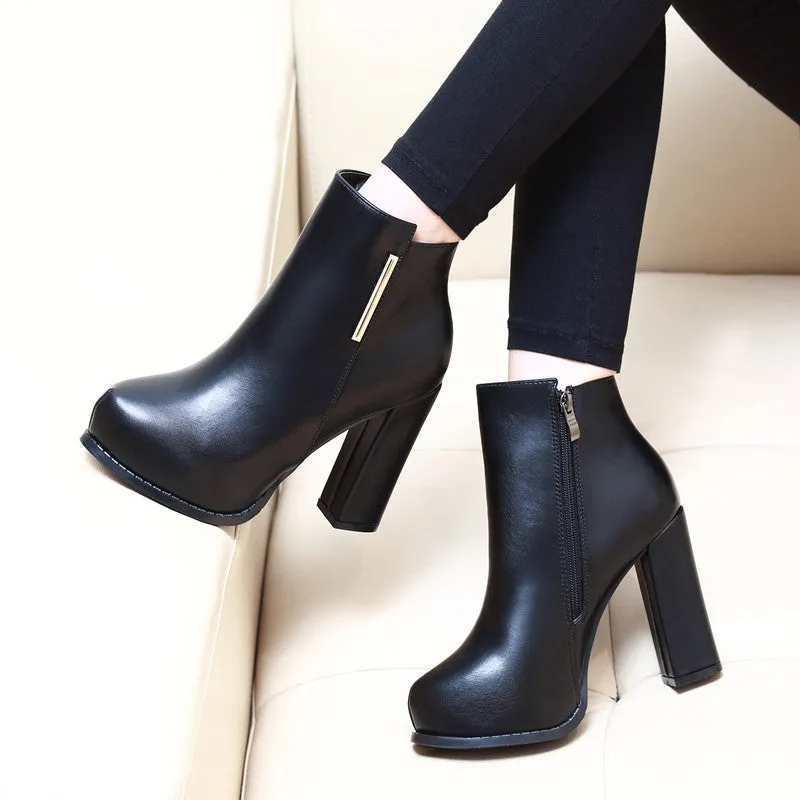 Black Zip Metal High Heels Platform Ankle Boots 3963