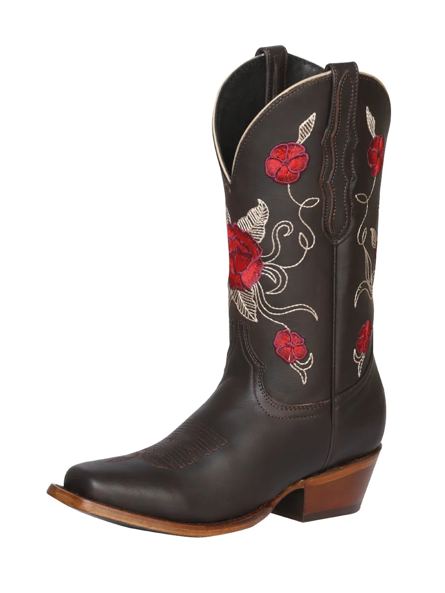 Botas Vaqueras Rodeo con Tubo Bordado de Flores de Piel Genuina para Mujer 'El General' - ID: 41785