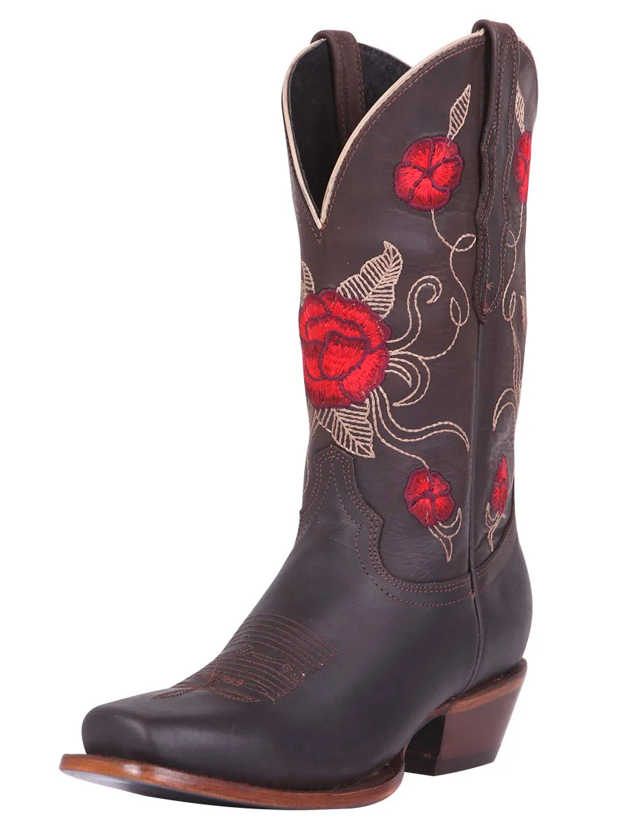 Botas Vaqueras Rodeo con Tubo Bordado de Flores de Piel Genuina para Mujer 'El General' - ID: 41785