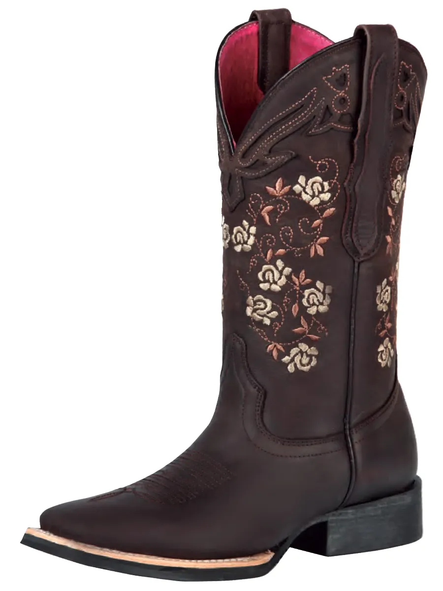 Botas Vaqueras Rodeo con Tubo Bordado de Flores de Piel Genuina para Mujer 'El General' - ID: 44635