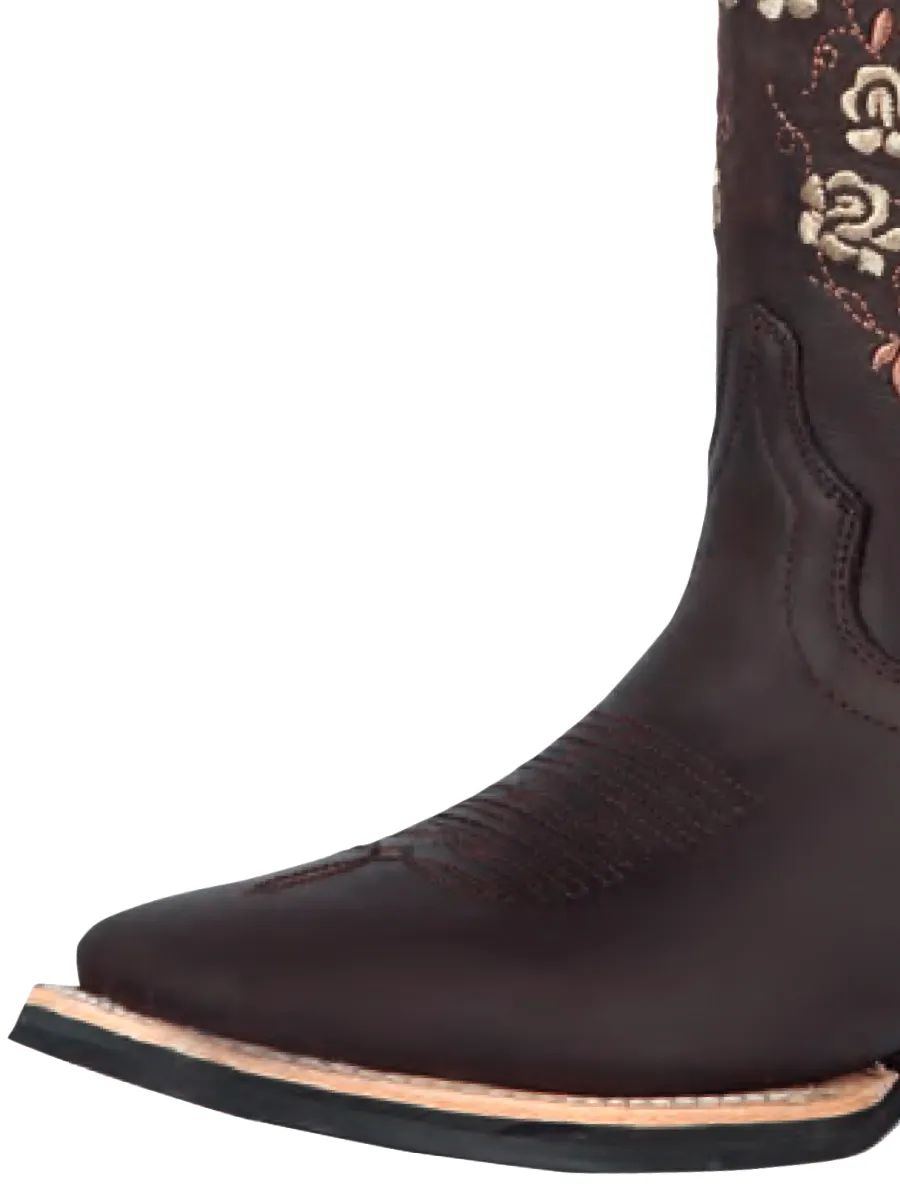 Botas Vaqueras Rodeo con Tubo Bordado de Flores de Piel Genuina para Mujer 'El General' - ID: 44635