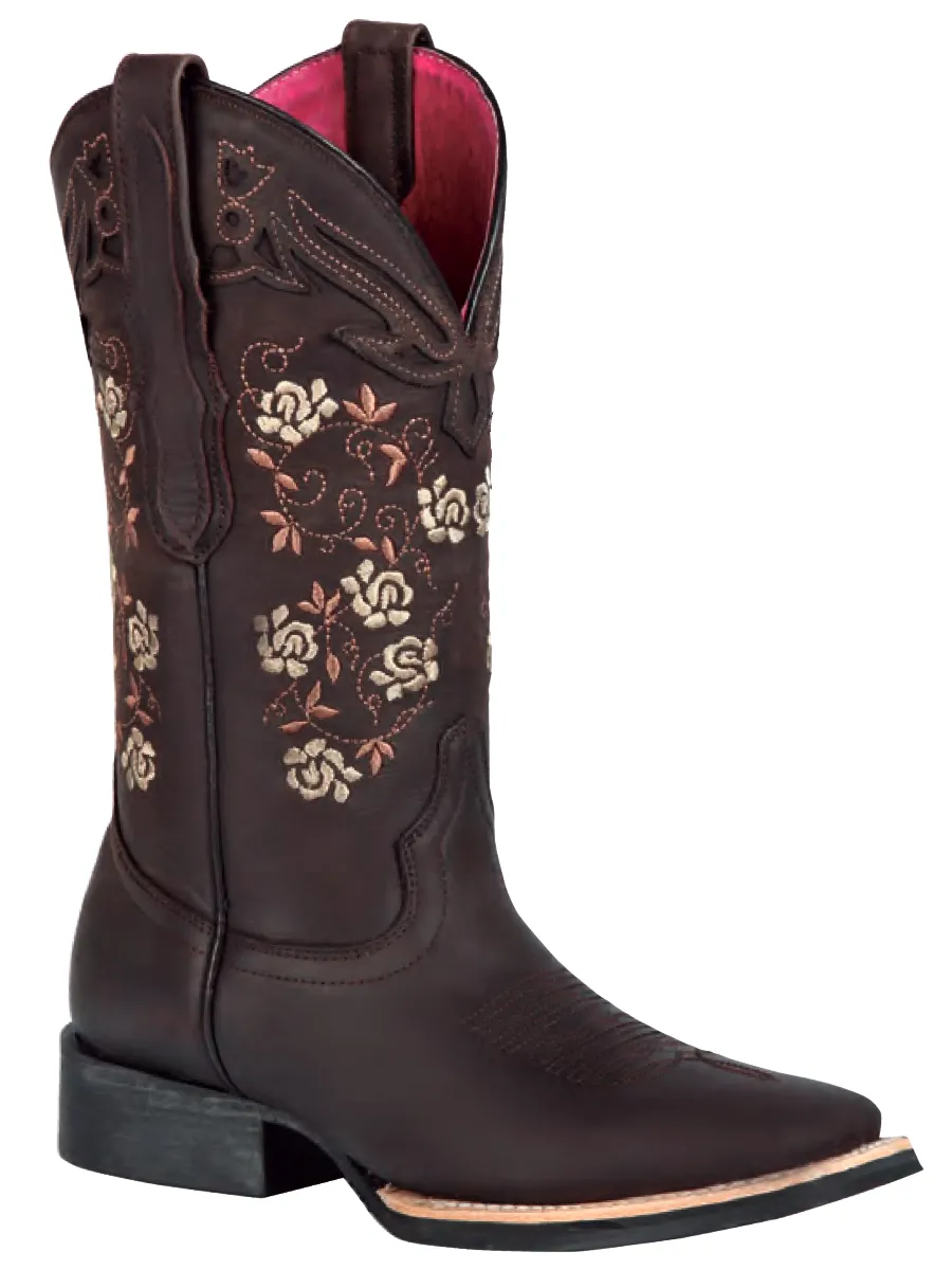 Botas Vaqueras Rodeo con Tubo Bordado de Flores de Piel Genuina para Mujer 'El General' - ID: 44635