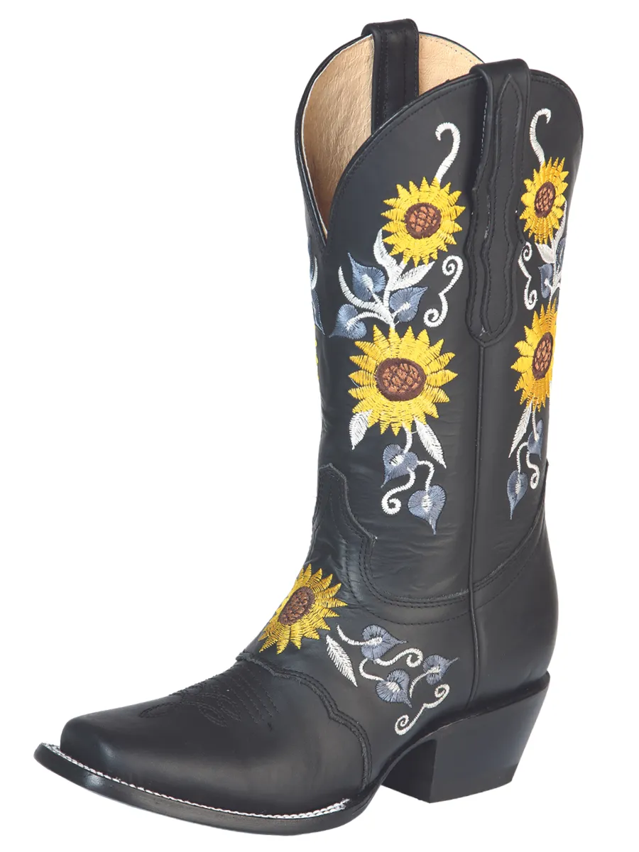 Botas Vaqueras Rodeo de Antifaz con Tubo Bordado de Girasoles de Piel Genuina para Mujer 'El General' - ID: 51140