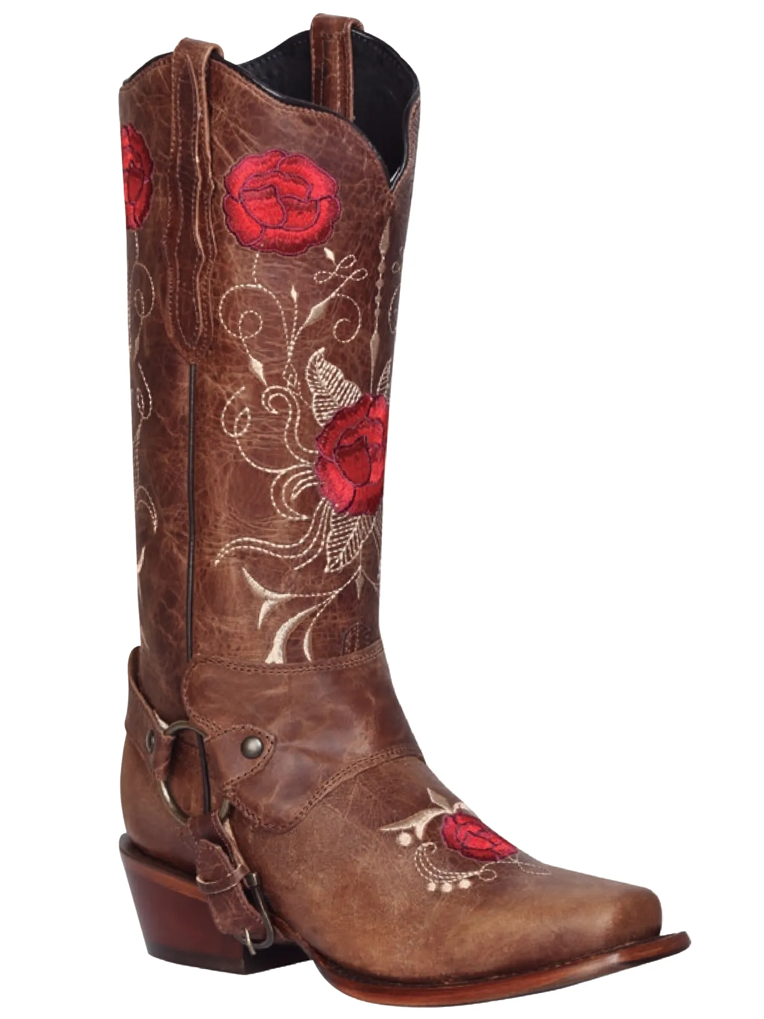 Botas Vaqueras Rodeo de Arnes con Tubo Bordado de Flores de Piel Genuina para Mujer 'El General' - ID: 41783