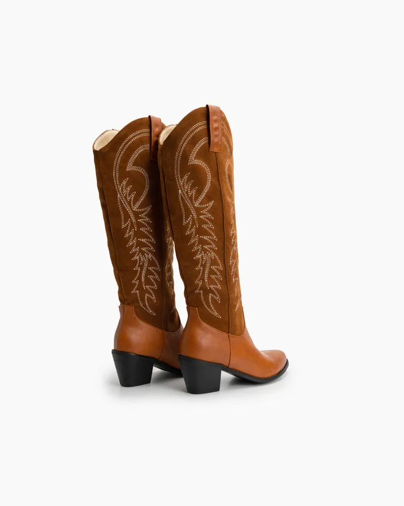 Embroidered Chunky Stacked Heel Mid Calf Knee High Western Boots