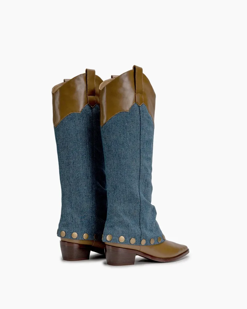 Knee High Denim Cowboy Cowgirl Western Boots