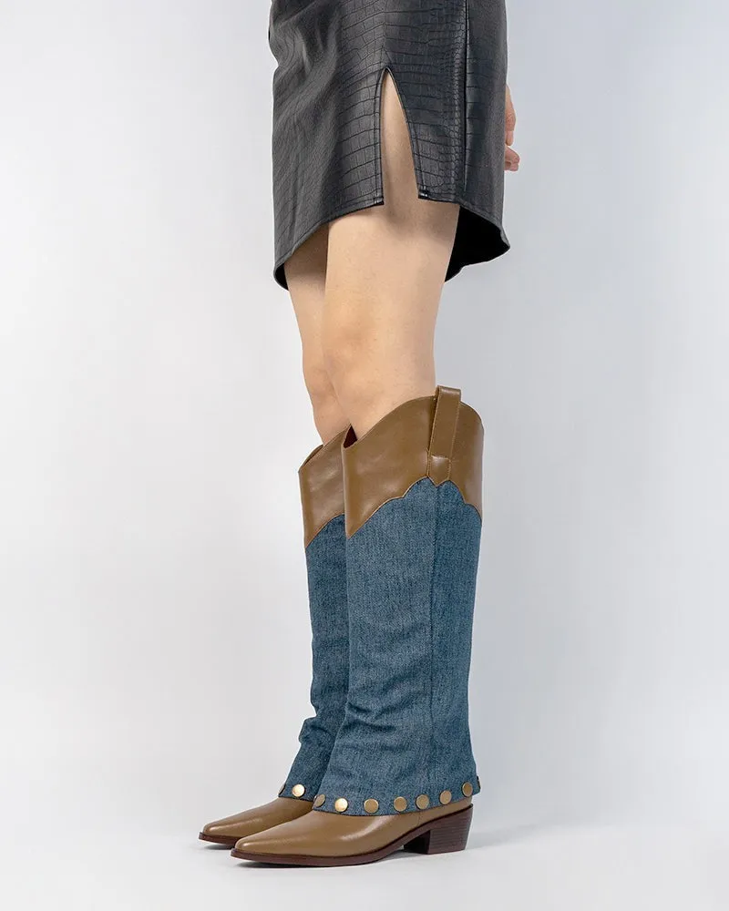 Knee High Denim Cowboy Cowgirl Western Boots