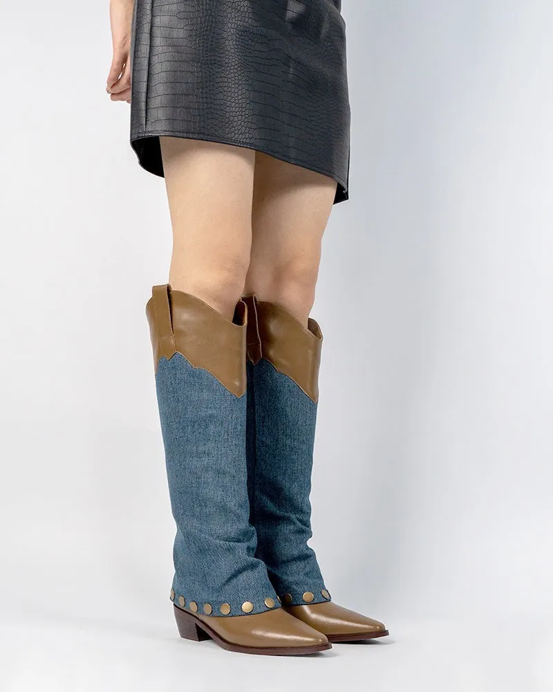 Knee High Denim Cowboy Cowgirl Western Boots