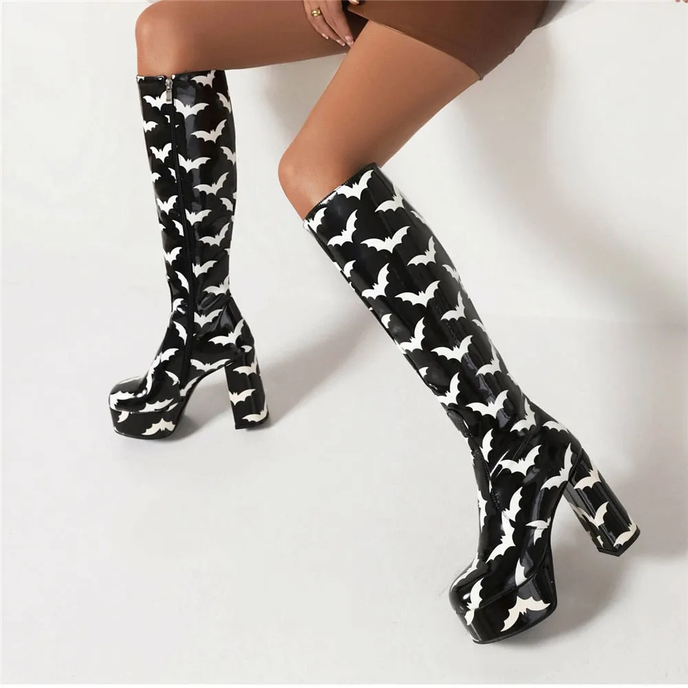 Lady's Platform Knee High Boots Fashion Print Bat Multicolor Thick High Heels