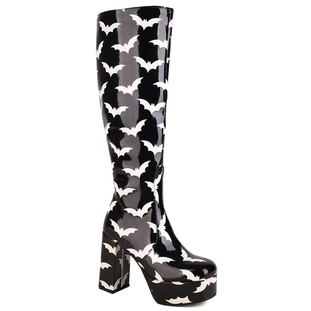 Lady's Platform Knee High Boots Fashion Print Bat Multicolor Thick High Heels