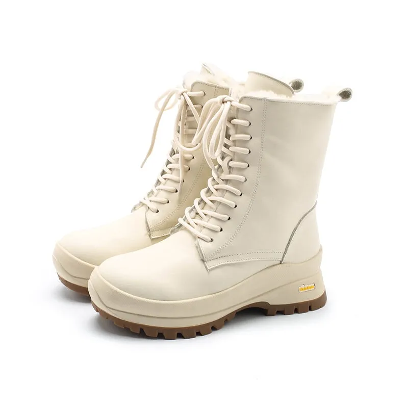 Leather Combat Boots Designer Chunky Riding Boots Have Shearling Lined in Apricot/Black/Brown/White