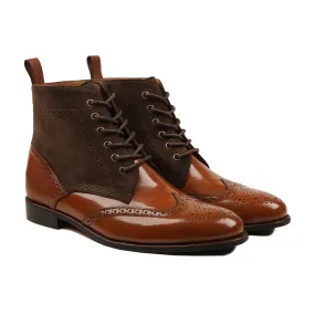 Polj - Men's Tan Box Leather High Shine And Brown Kid Suede Boot