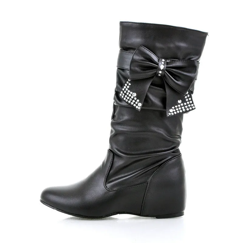 Rhinestone Bow Tie Mid Calf Boots Wedge Heel 6942