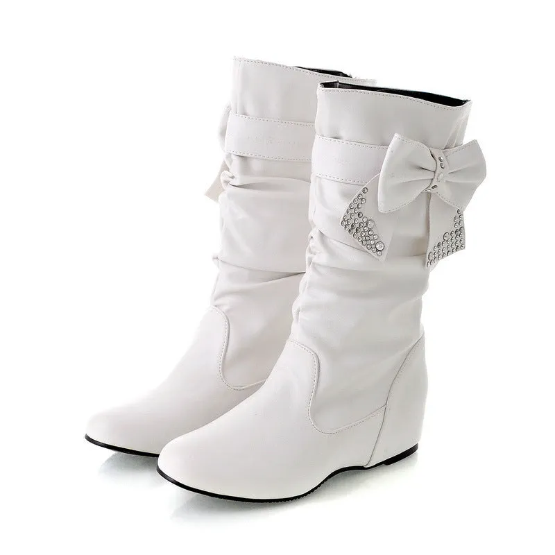 Rhinestone Bow Tie Mid Calf Boots Wedge Heel 6942