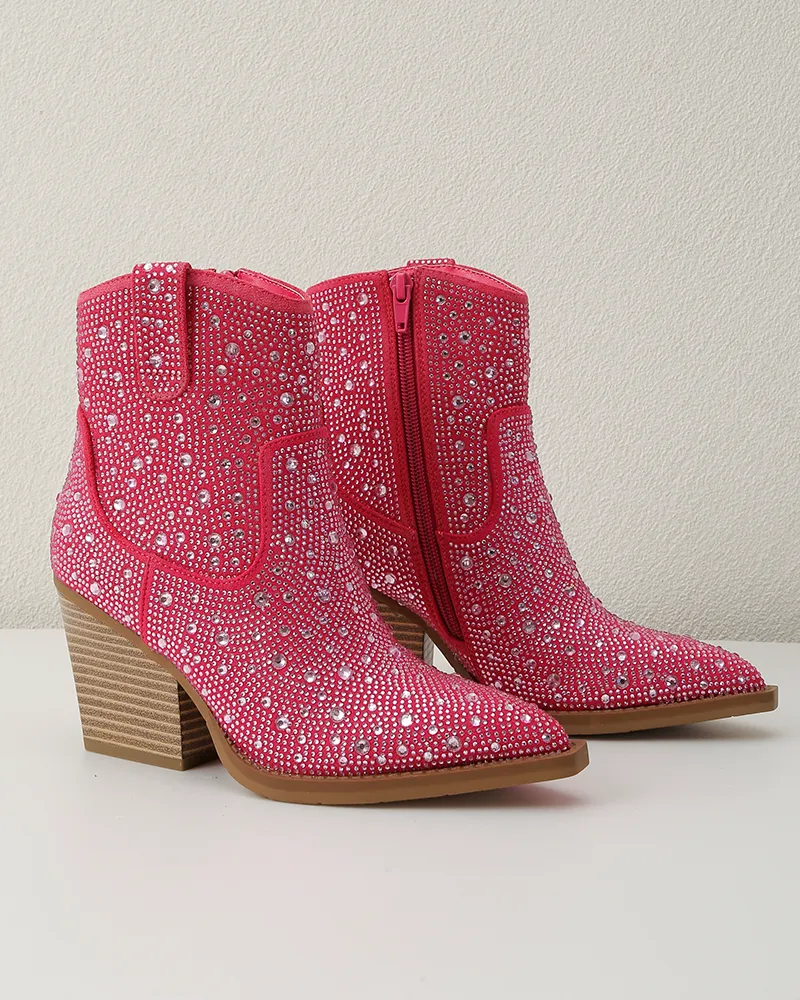 Rhinestone Pointed Toe Zipper Ankle Boots