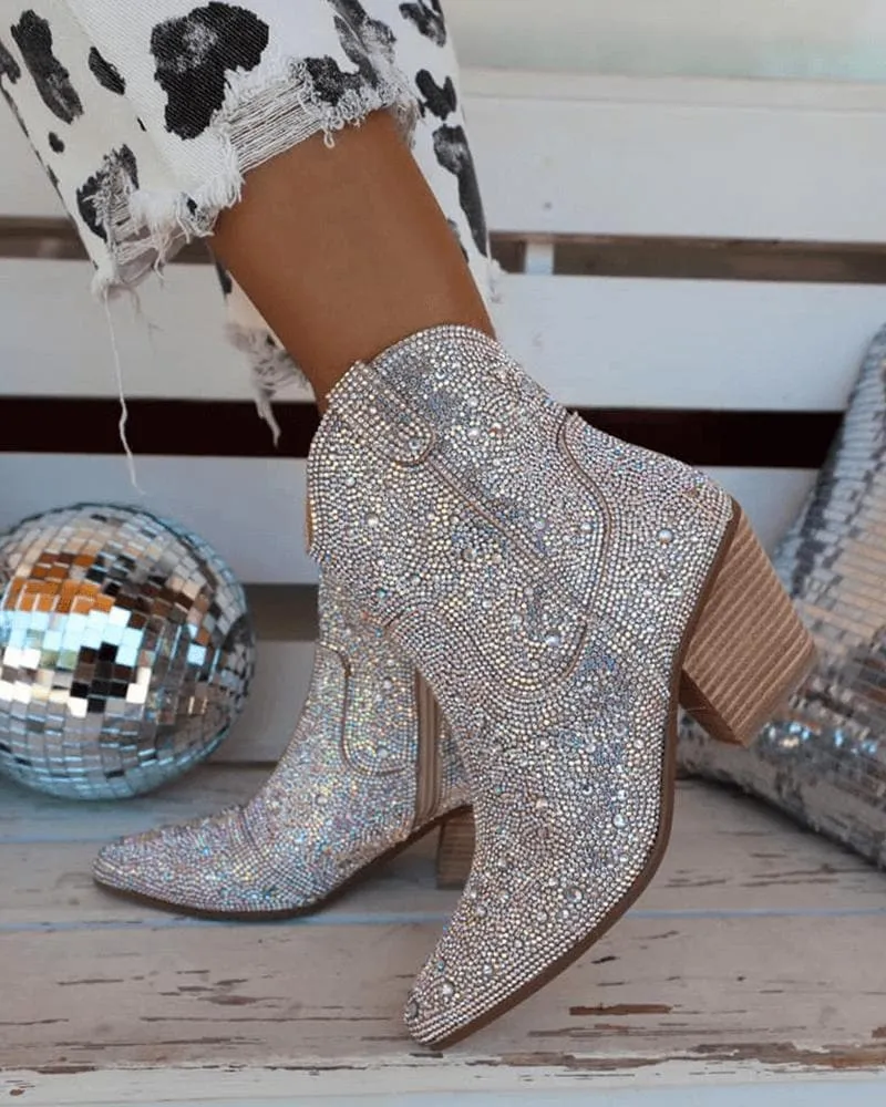 Rhinestone Pointed Toe Zipper Ankle Boots