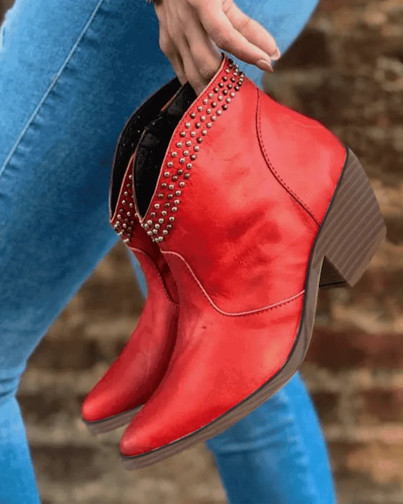 Rivet Zipper Pointed Toe Ankle Boots