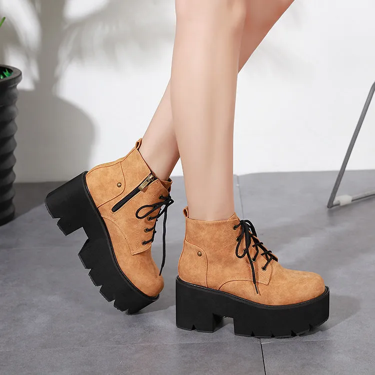 Round Toe Lace Up Platform Motorcycle Boots 3777