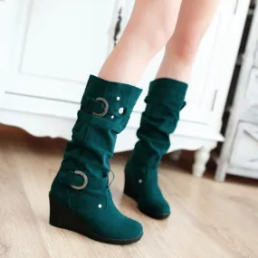 Suede Mid Calf Boots Wedge Heel 1618