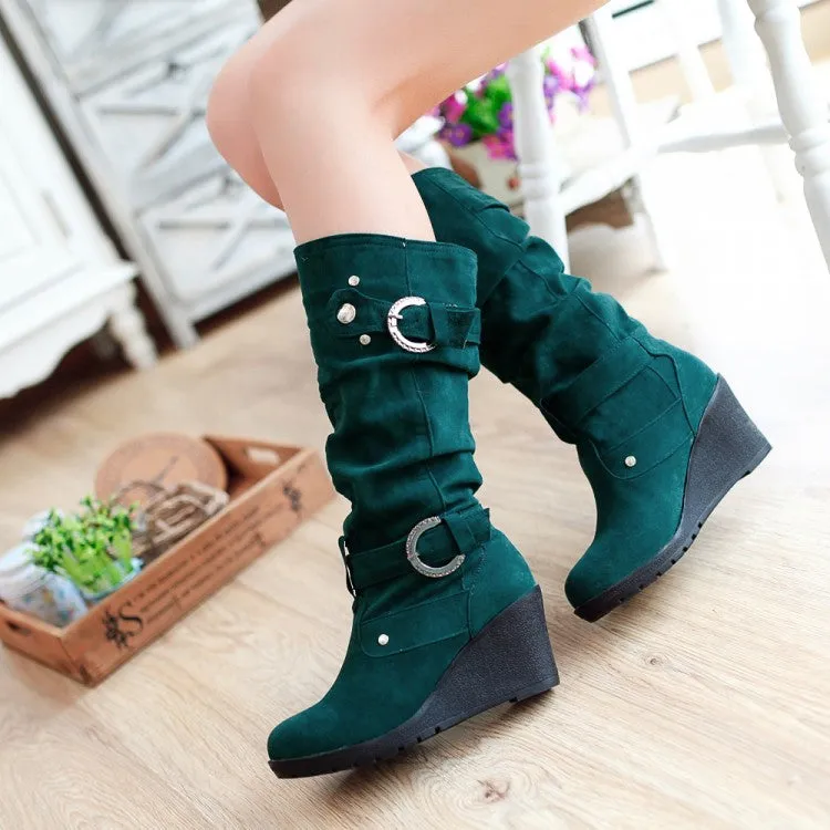 Suede Mid Calf Boots Wedge Heel 1618