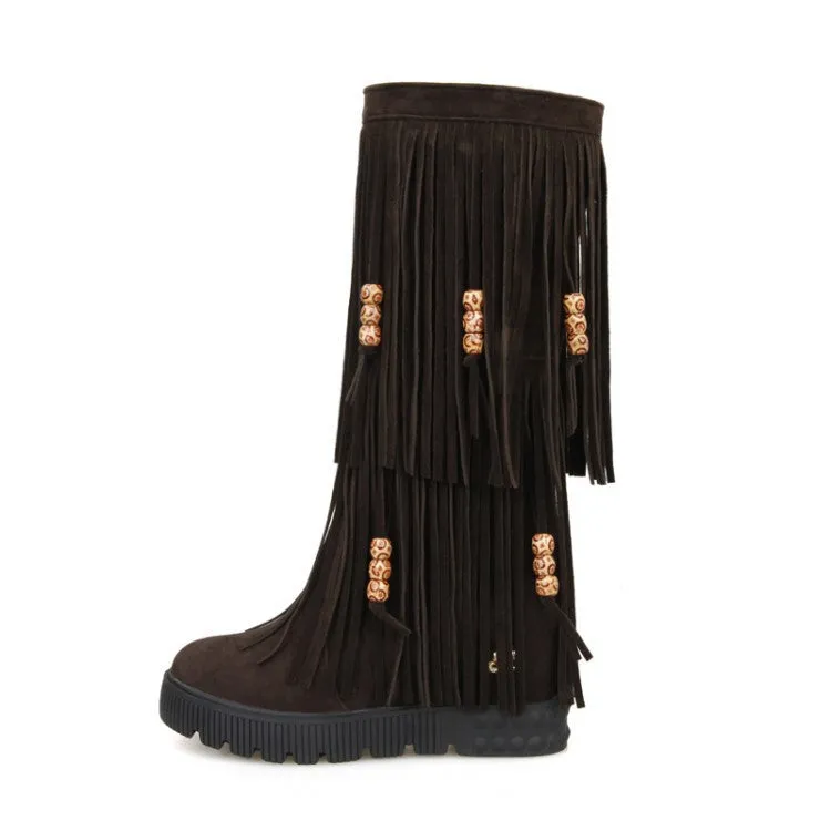 Tassel Suede Mid Calf Boots Wedge Heel 6700