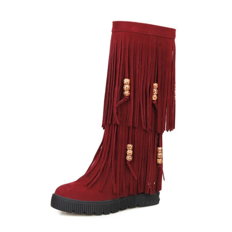 Tassel Suede Mid Calf Boots Wedge Heel 6700