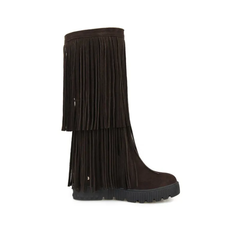 Tassel Suede Mid Calf Boots Wedge Heel 6700