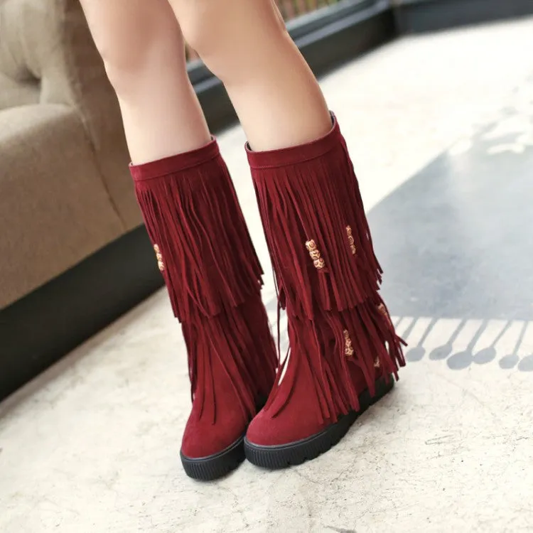 Tassel Suede Mid Calf Boots Wedge Heel 6700