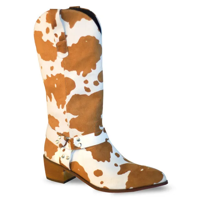 Western Cowgirl Boots Flock Med Heel Pointed Toe Zip Animal Prints Buckle