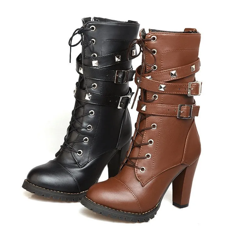 Woman's Side Zipper Rivet Thick Heel Mid Calf Boots High Heel Lace Up Martin Boots Shoes