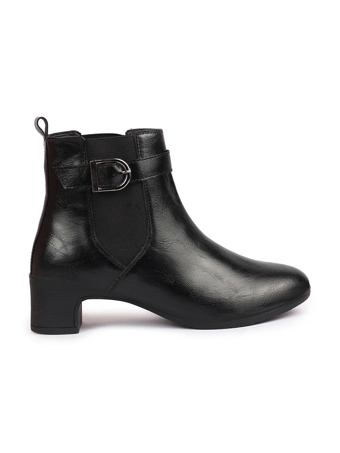 Women Black Flared Heel High Ankle Classic Winter Buckle Strap Chelsea Boots