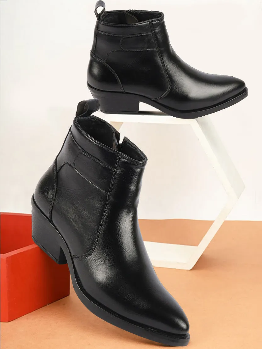 Women Black Mid Top Side Zipper Slip On Flared Heel Pointed Toe Chelsea Boots