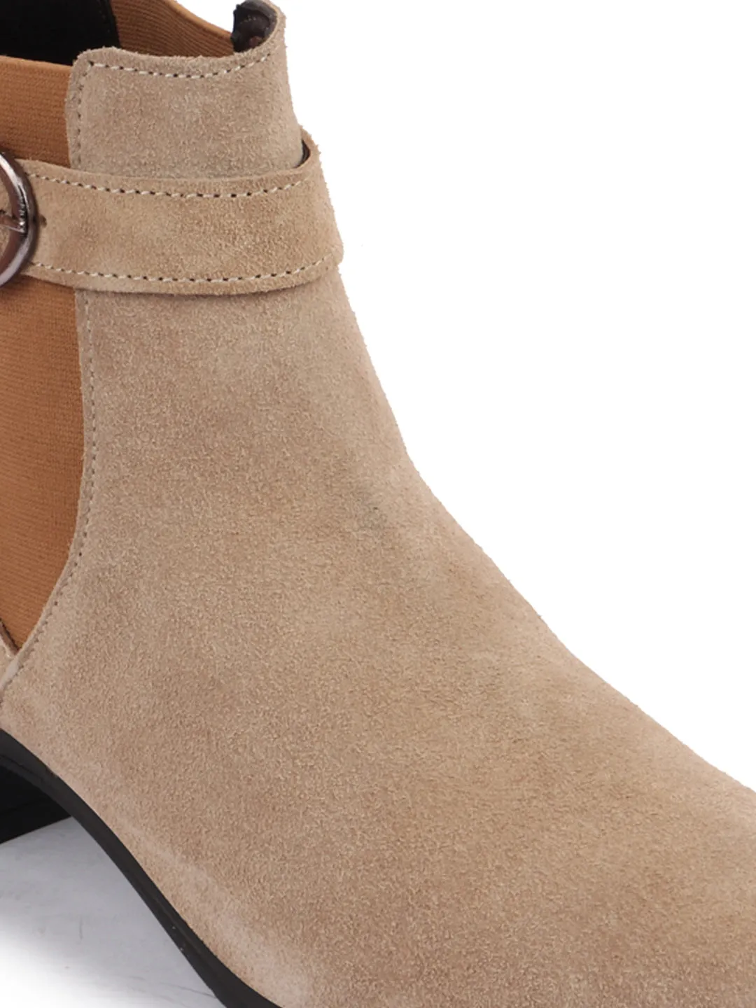 Women Cheeku Flared Heel High Ankle Suede Leather Classic Winter Buckle Strap Chelsea Boots