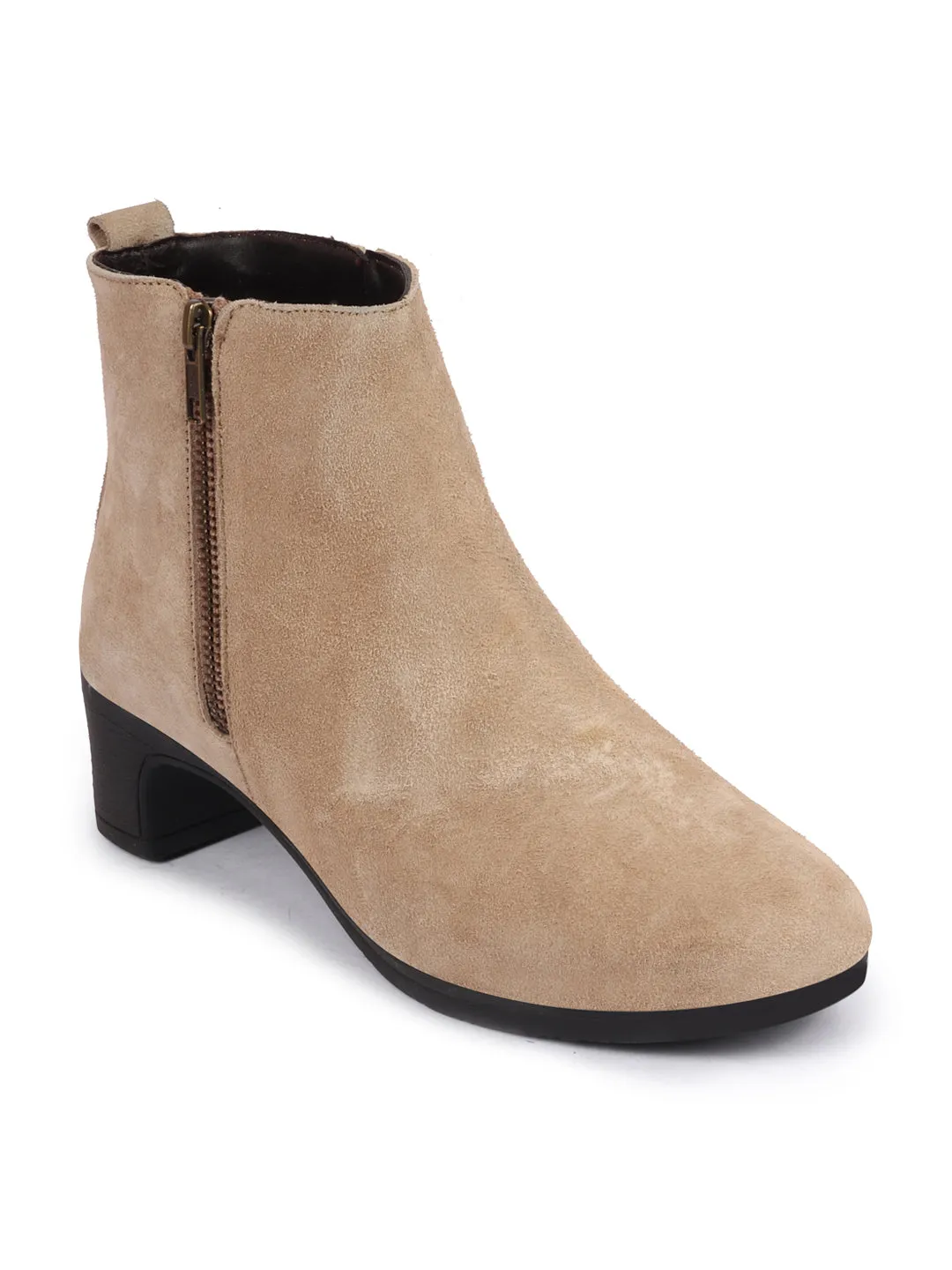 Women Cheeku Flared Heel Mid Top Suede Leather Zipper Closure Winter Chelsea Boots