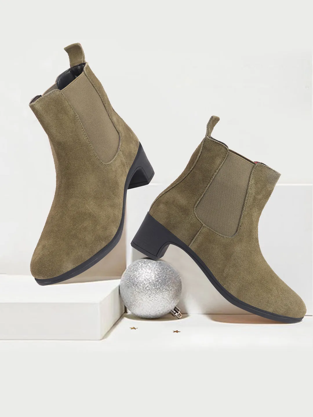 Women Olive Flared Heel High Ankle Suede Leather Classic Winter Chelsea Boots