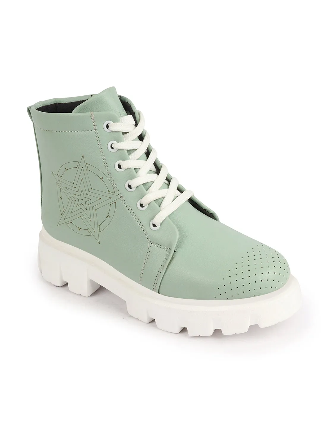 Women Pista Green Outdoor Winter High Top Chunky Lace Up Casual Boots