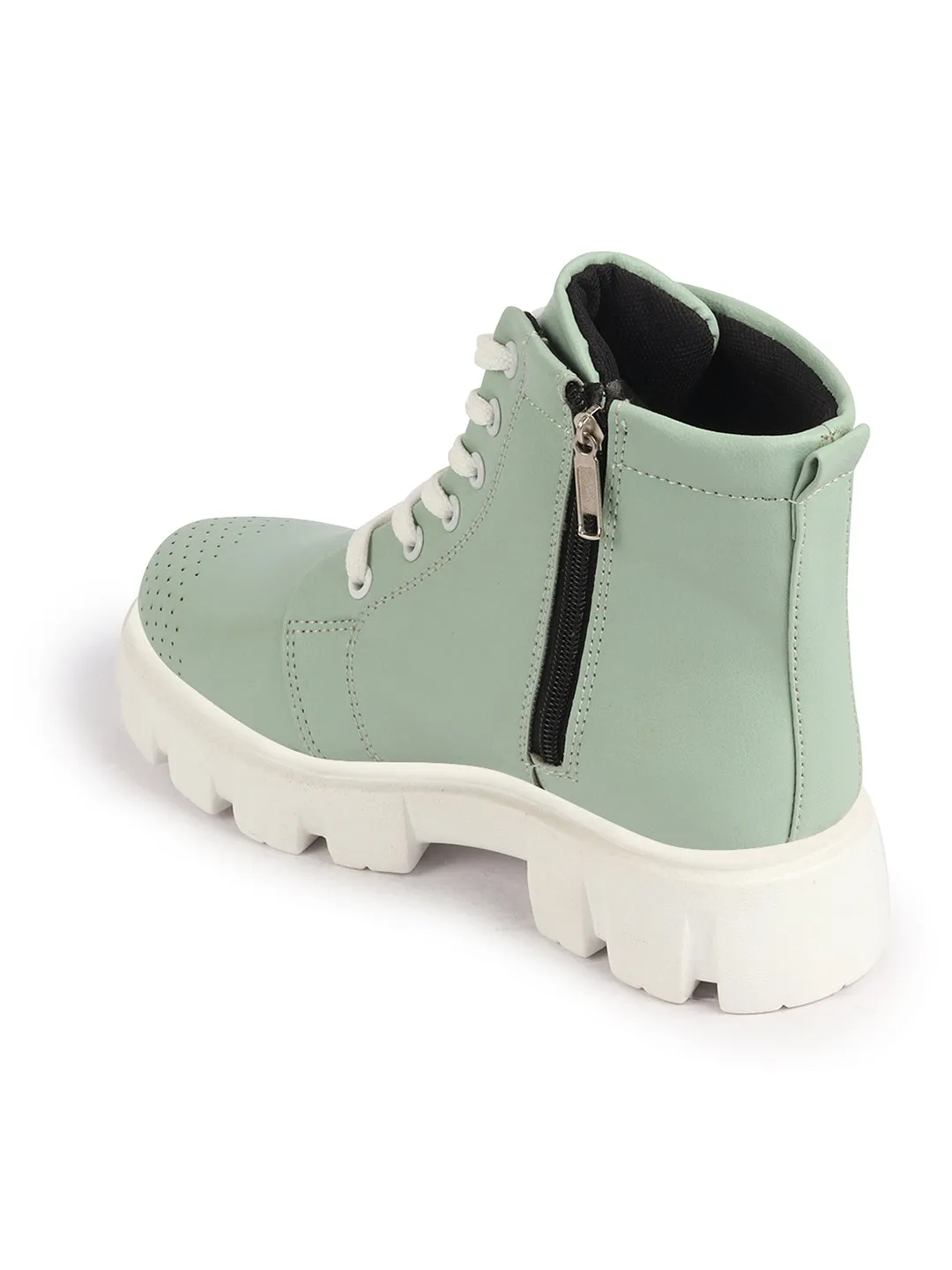 Women Pista Green Outdoor Winter High Top Chunky Lace Up Casual Boots