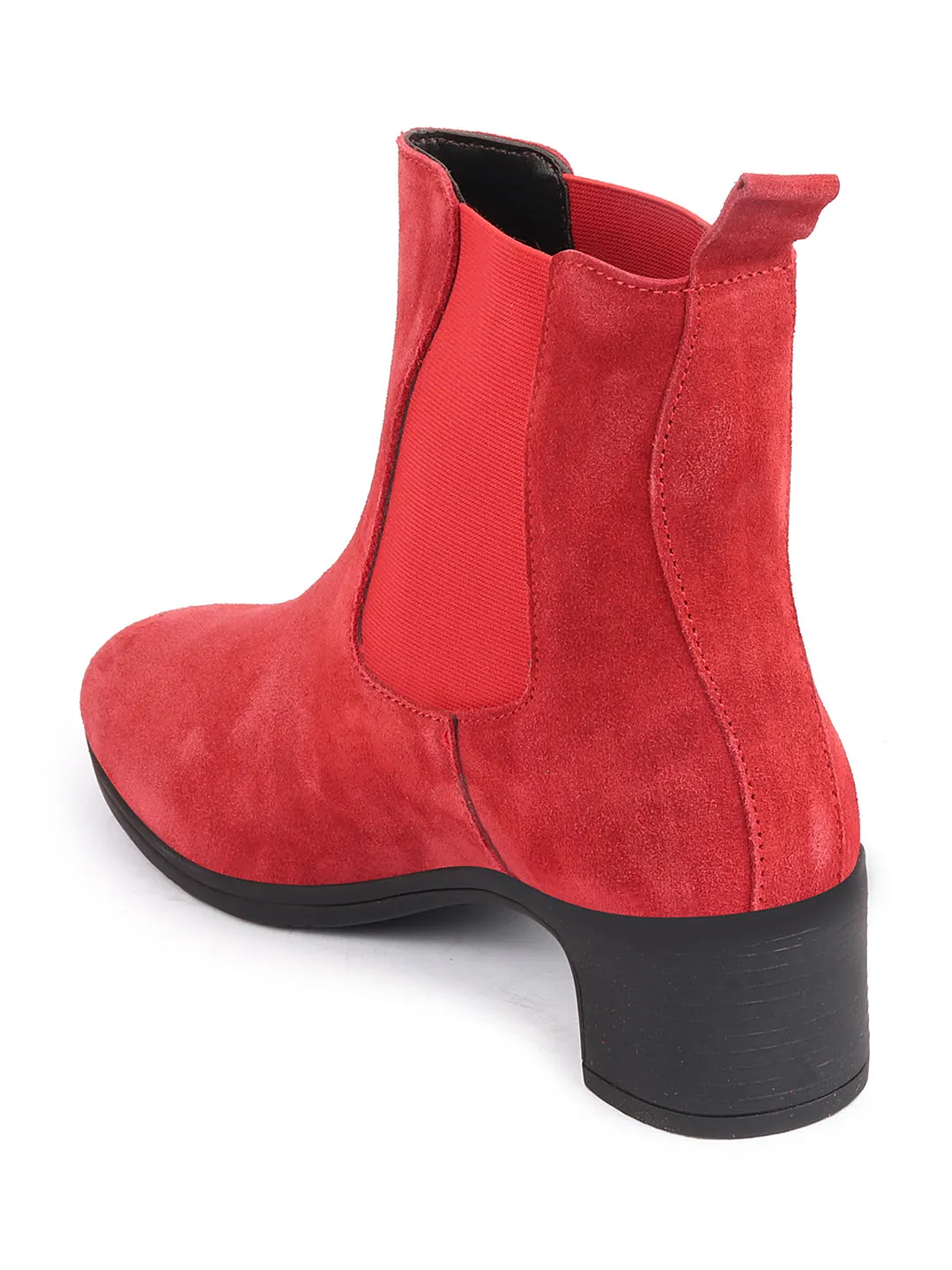 Women Red Flared Heel High Ankle Suede Leather Classic Winter Chelsea Boots