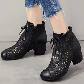 Women Soft Leather Wedge Black Hollow Boots White Ankle Boots