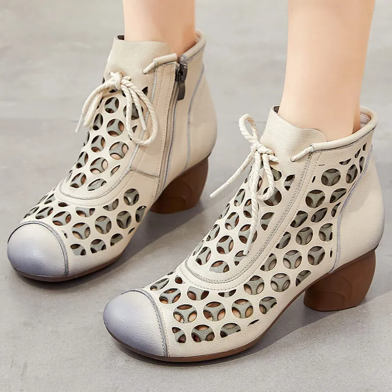 Women Soft Leather Wedge Black Hollow Boots White Ankle Boots