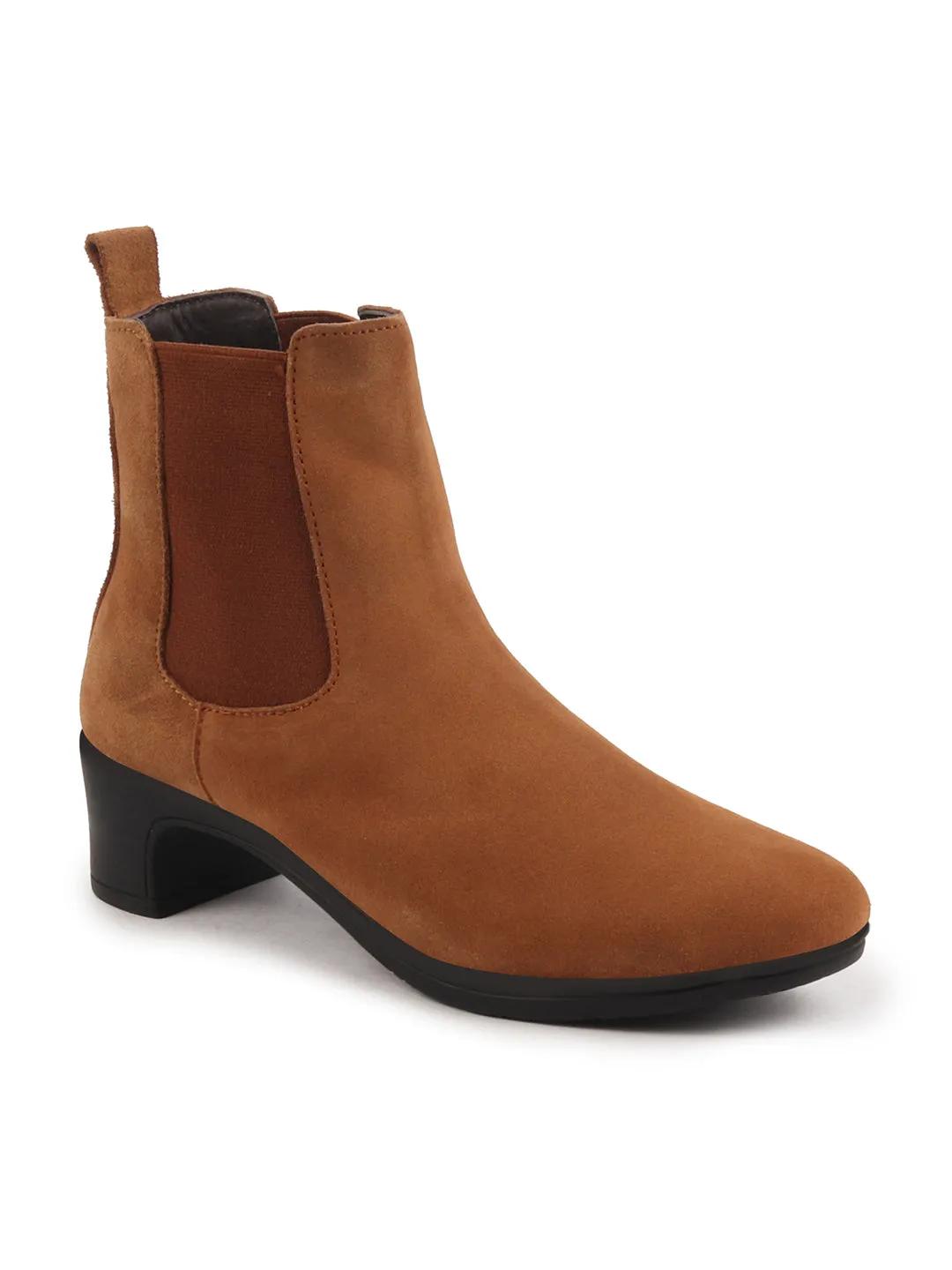 Women Tan Flared Heel High Ankle Suede Leather Classic Winter Chelsea Boots